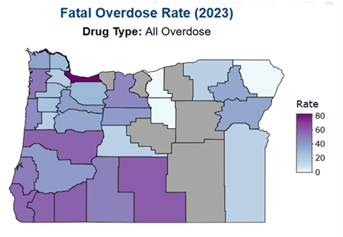 map illustrating the geographic disparities of fatal overdose rates across oregon in 2023