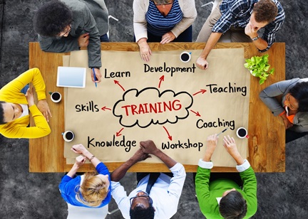 Group of people seated around a table covered with a training infographic.