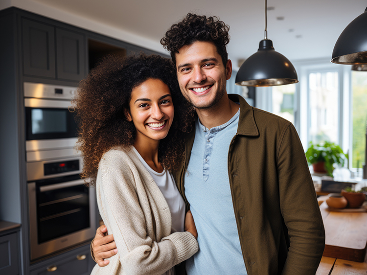Happy couple standing in kitchen