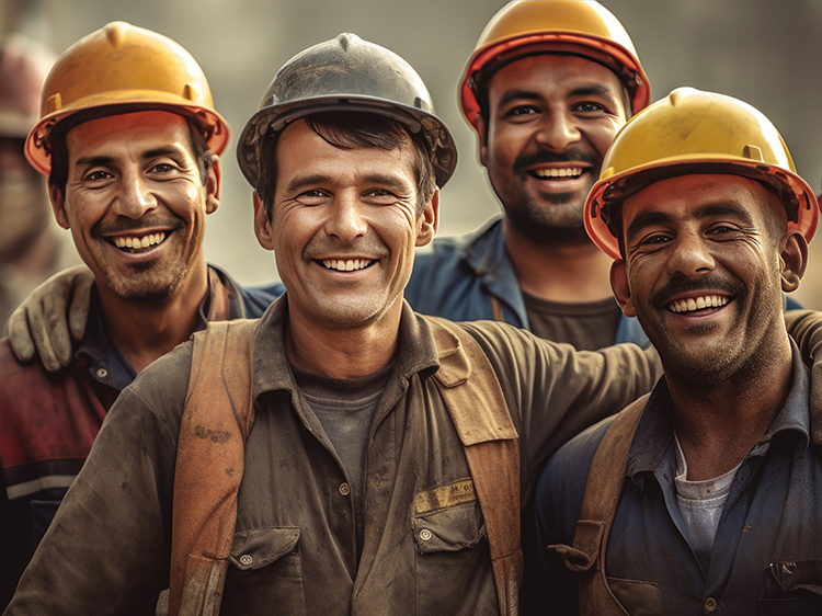 Happy contractors in hard hats
