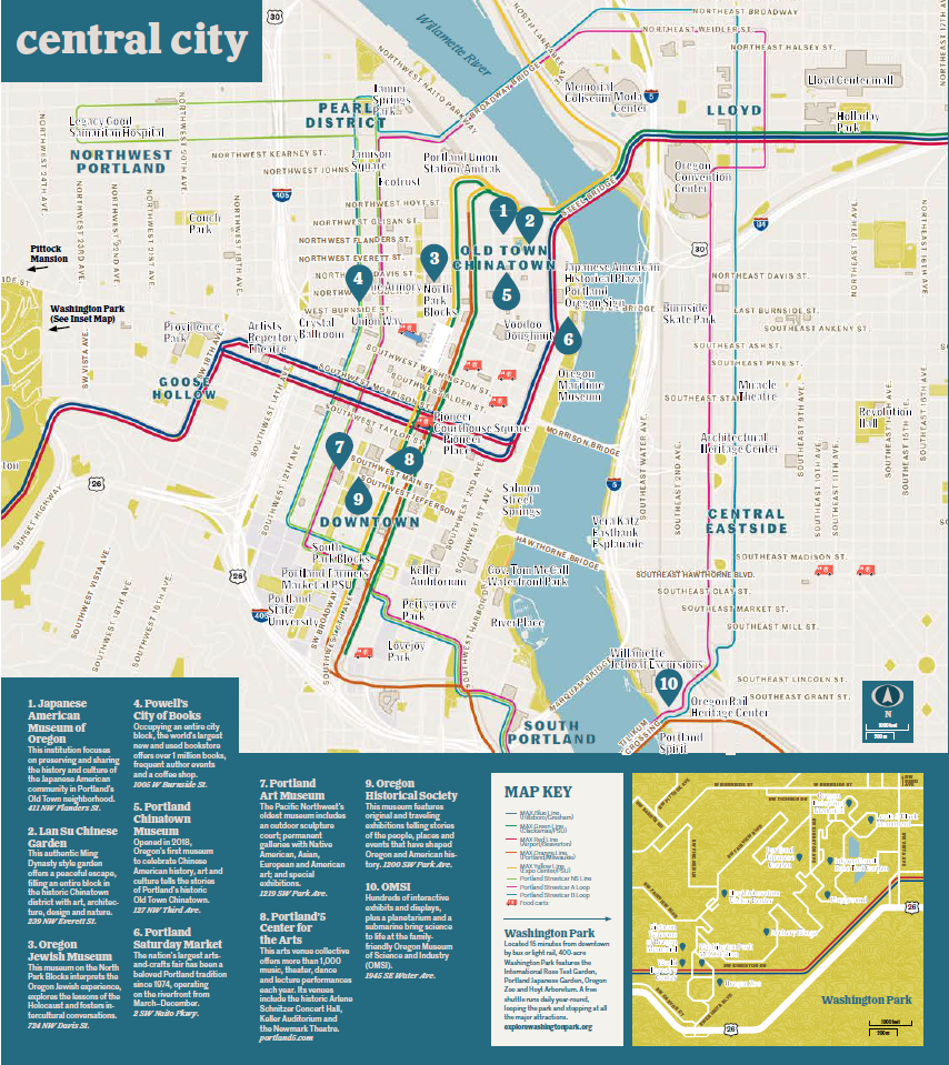 Map of Portland city central attractions. Japanese American Museum of Oregon. Lan Su Chinese Garden. Oregon Jewish Museum. Powell's city of books. Portland Chinatown museum. Portland Saturday Marker. Portland Art Museum. Portland center for arts. Oregon historical society. OMSI, Oregon museum of science and industry