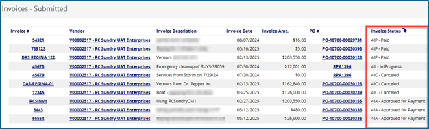 OregonBuys screenshot of invoices submitted results list and status