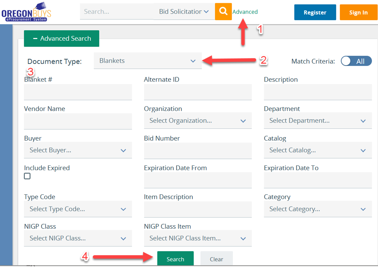 Screenshot of OregonBuys Search Screen