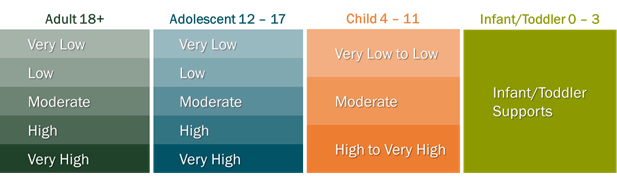 A chart with four columns. Column 1: Adults 18+ shows five levels of need show five levels of need, Very Low, Low, Moderate, High and Very High. Colum 2: Adolescents 12 – 17 shows five levels of need, Very Low, Low, Moderate, High and Very High.  Column 3: Child 4 – 11 shows three levels from Very Low to Low, Moderate and High to Very High. The final column: Infant/Toddler 0 – 3 shows only one level, called Infant/Toddler Supports.