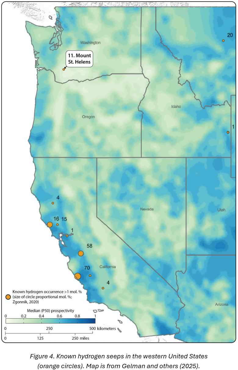 A map of the western U.S. showing locations of hydrogen occurrence as well as median prospectivity