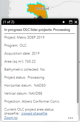 in progress OLC lidar projects layer popup