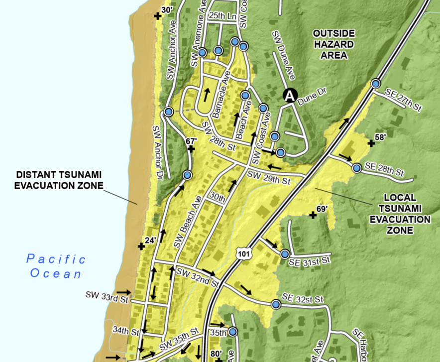 Screenshot of a neighborhood-specific tsunami evacuation map