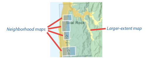 Screenshot of a map of the Oregon coast with rectangles indicating neighborhood maps within a larger-extent map