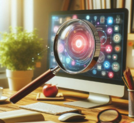 Image of a magnifying glass over a computer monitor that links to an application status check page