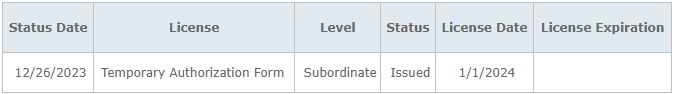 view that shows a subordinate temporary authorization form