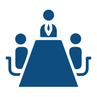 blue icon of three stylized figures seated around a triangular table, representing boards and committee meetings