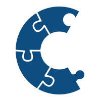 blue icon of puzzle pieces interlocked in the shape of the letter c