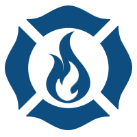 blue icon with blue flame inside fire department emblem