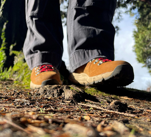 Women's boots on mossy boulder