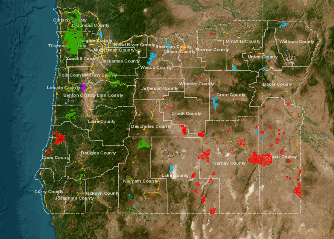 Map of the state of Oregon with counties outlined