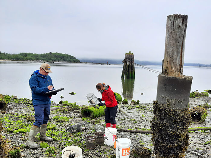 Person writign on clipboard and another person looking at a crab cage.