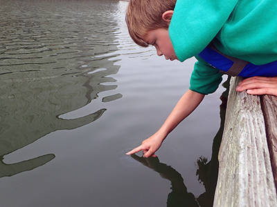 Boy touches water.