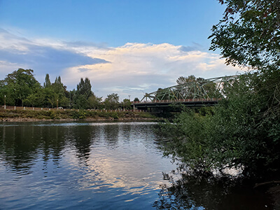 Water surrounded by trees with bridge crossing over the waterway.
