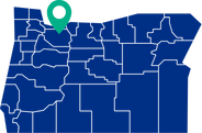 City of Sandy pinpointed on a county map of Oregon.