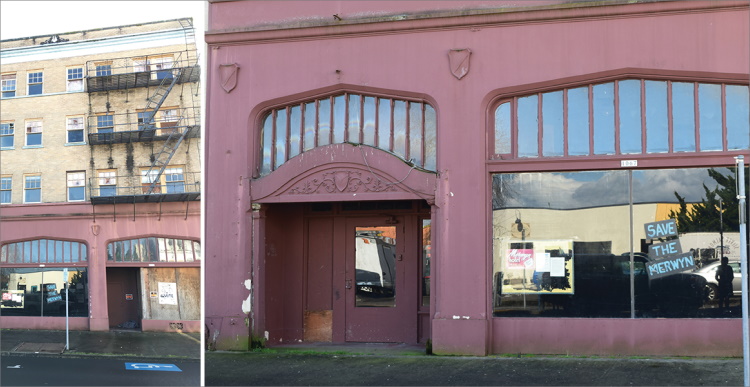 Vacant Merwyn building facade with sign saying