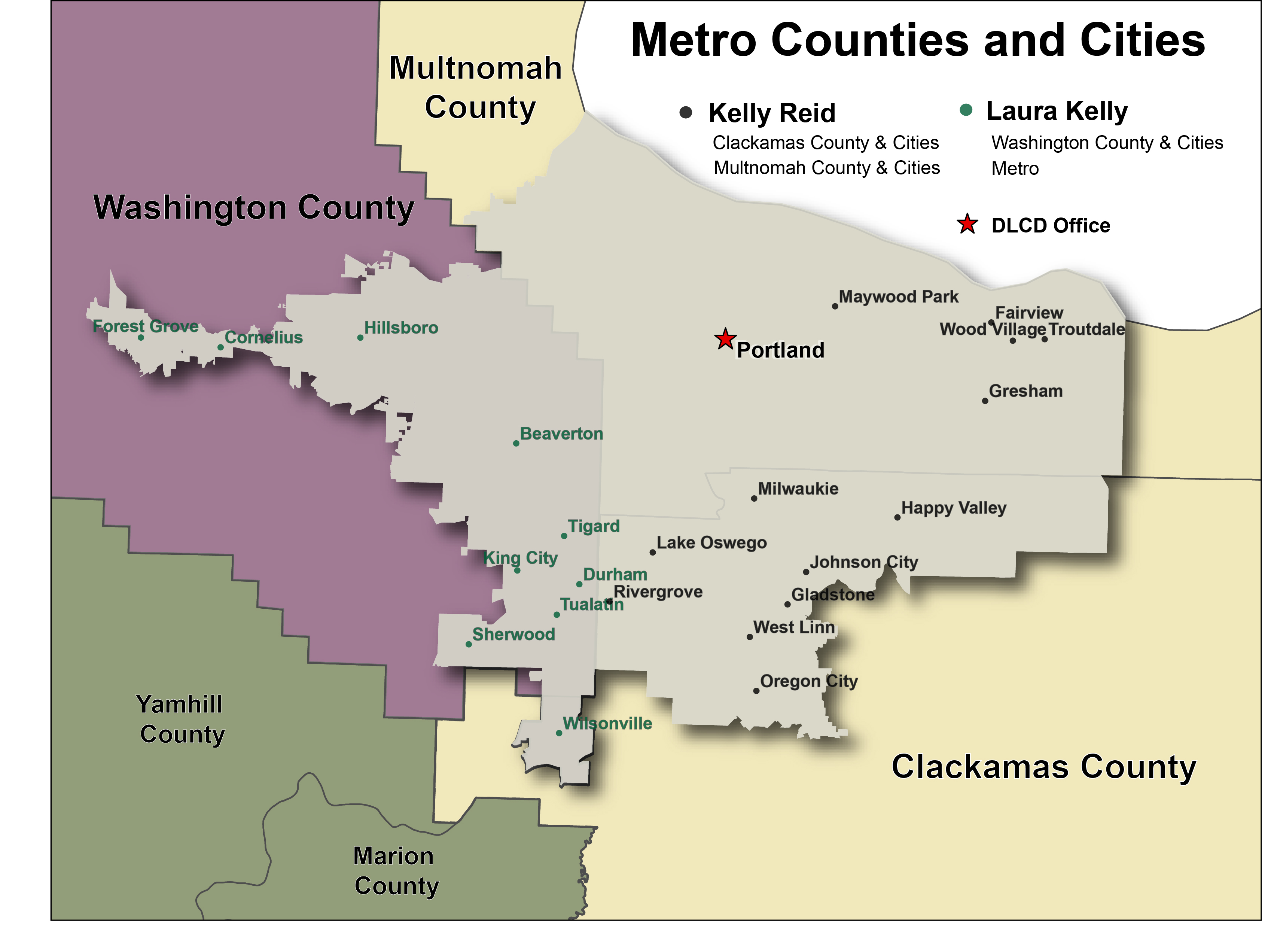 Map of Oregon overlayed with each Regional Representatives area