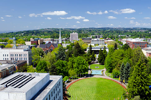 The view to the west from the top of the Oregon Capitol in Salem, taken from the top of the dome on a tour.