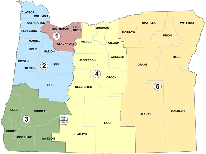 Map of Oregon with ODOT regions identified by number and different colors