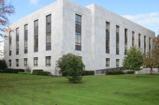 Ground view of the southeast corner of the State Library building
