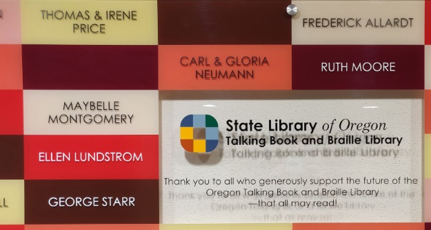 image of the Talking Book and Braille Library's donor board showing the names of Thomas and Irene Price