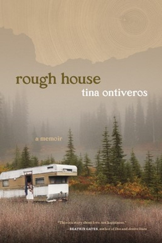 Book cover of rough house, with a RV parked in a field with trees and mountains in the background.