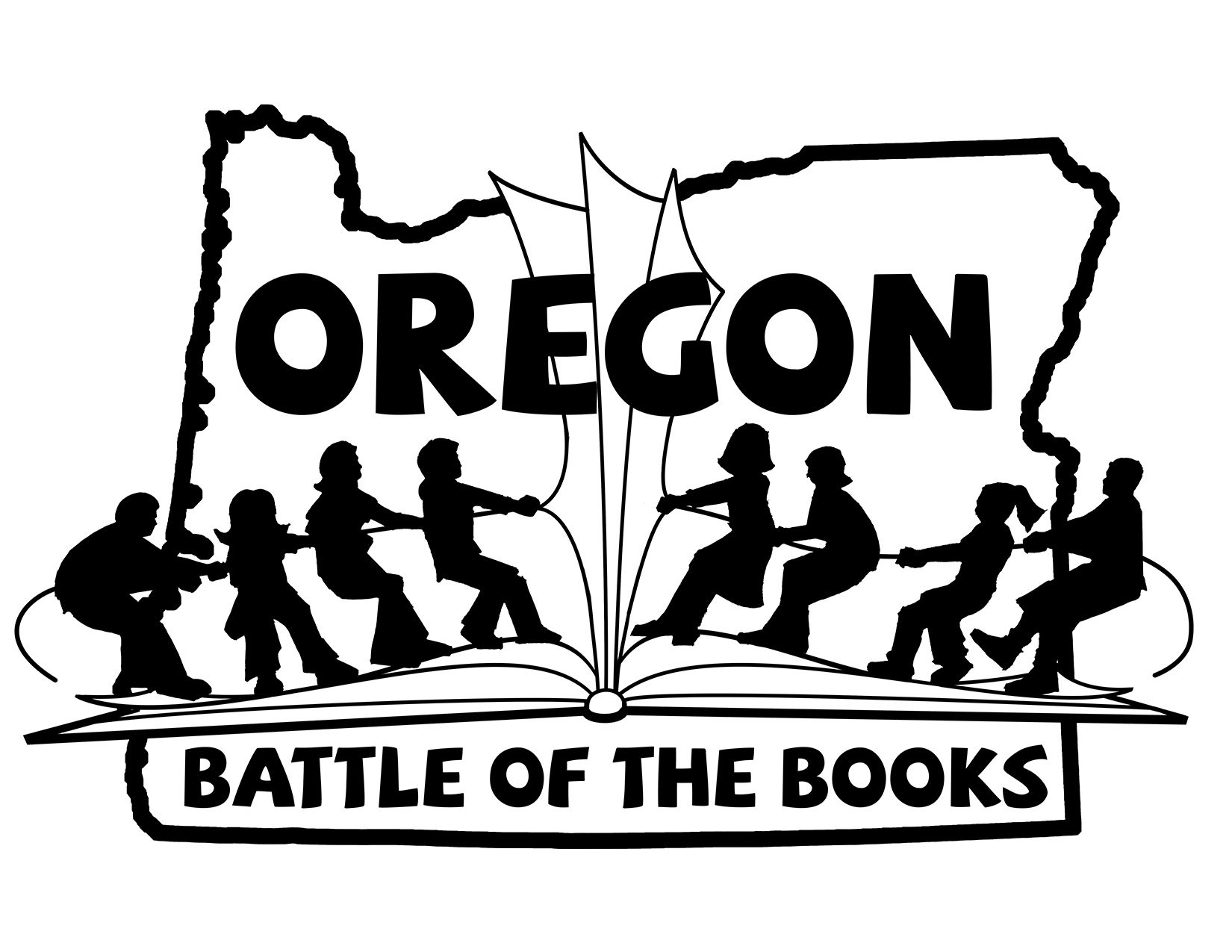 Oregon Battle of the Books logo featuring a silhouette of the state outline with the word OREGON above a tug-of-war between two 