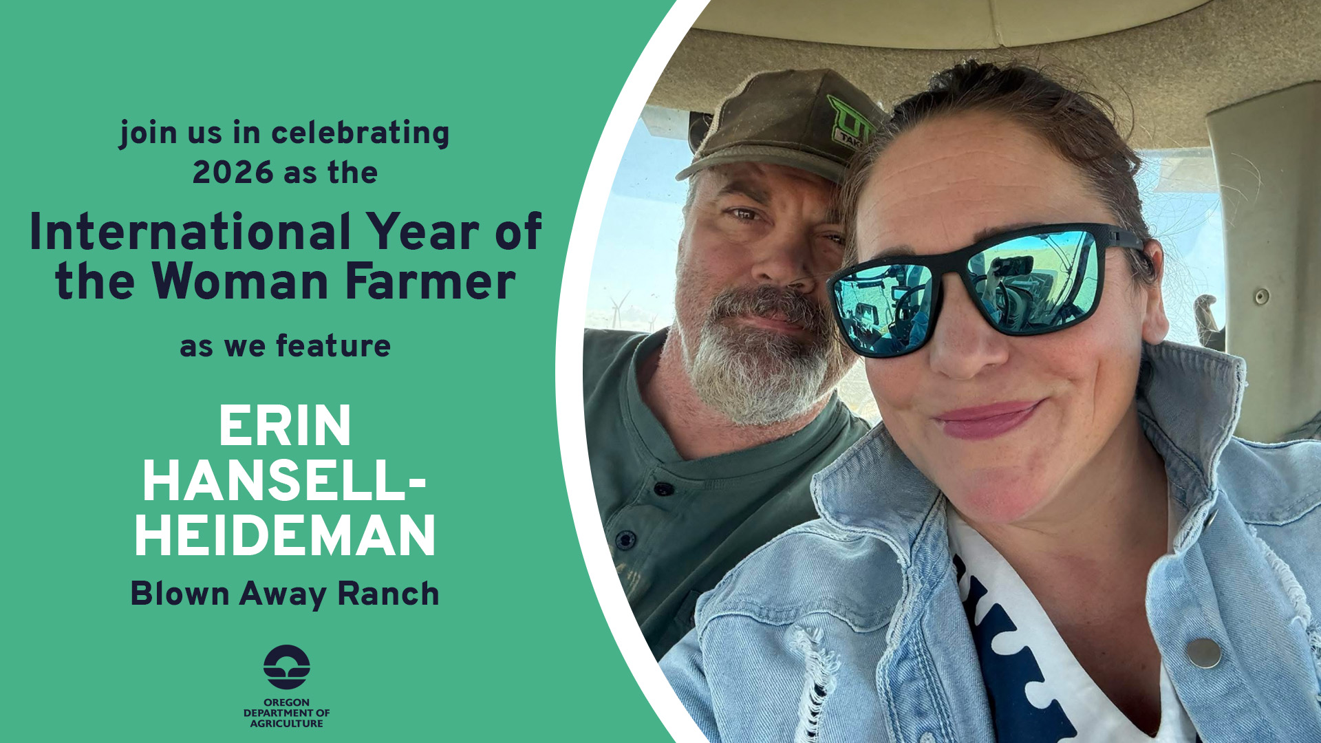Erin Hansell-Heideman, featured on February 6, 2026 by ODA for 2026's International Year of the Woman Farmer, and her husband
