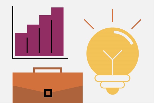 Light bulb, bar graph, and briefcase