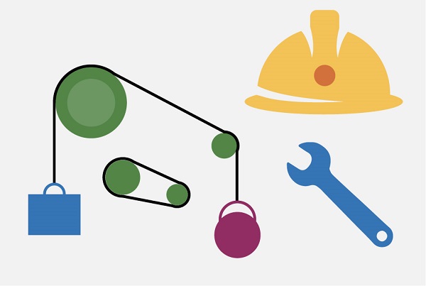 Hard hat, wrench, and gears/pulleys