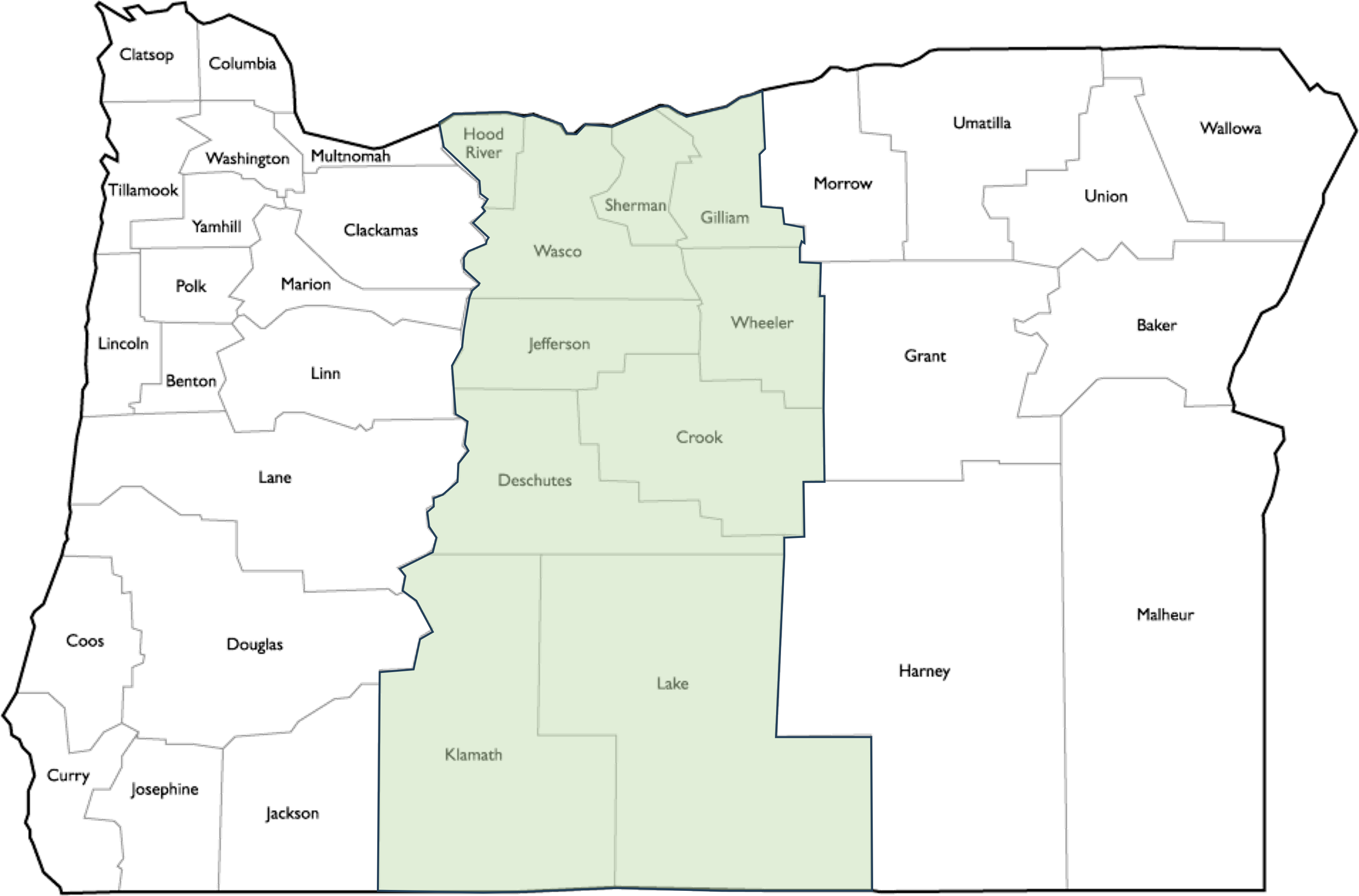 Map showing the Central region of Oregon