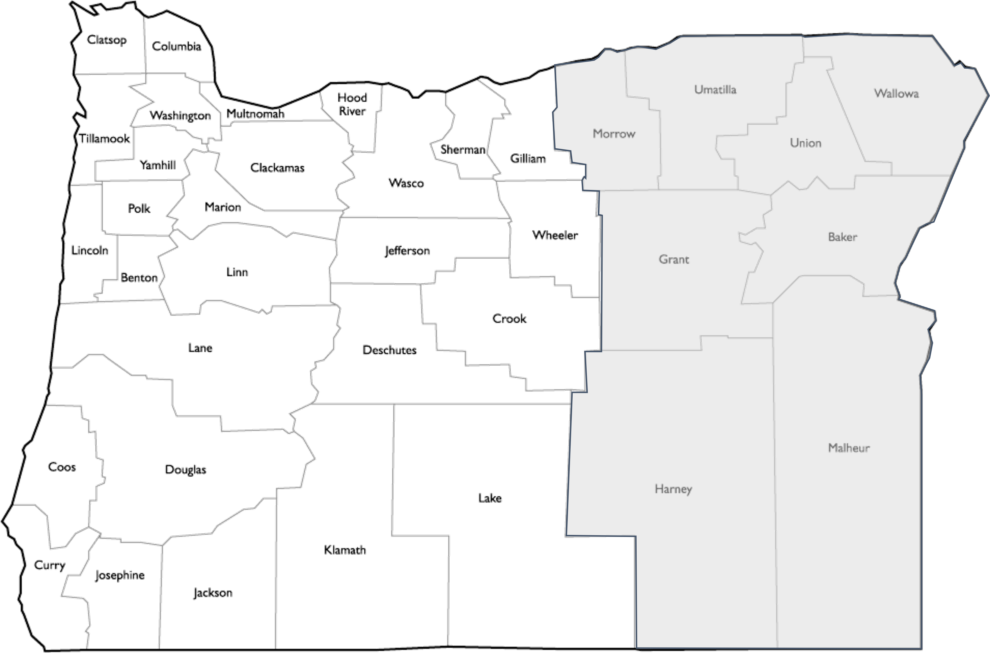 Map showing the eastern region of Oregon