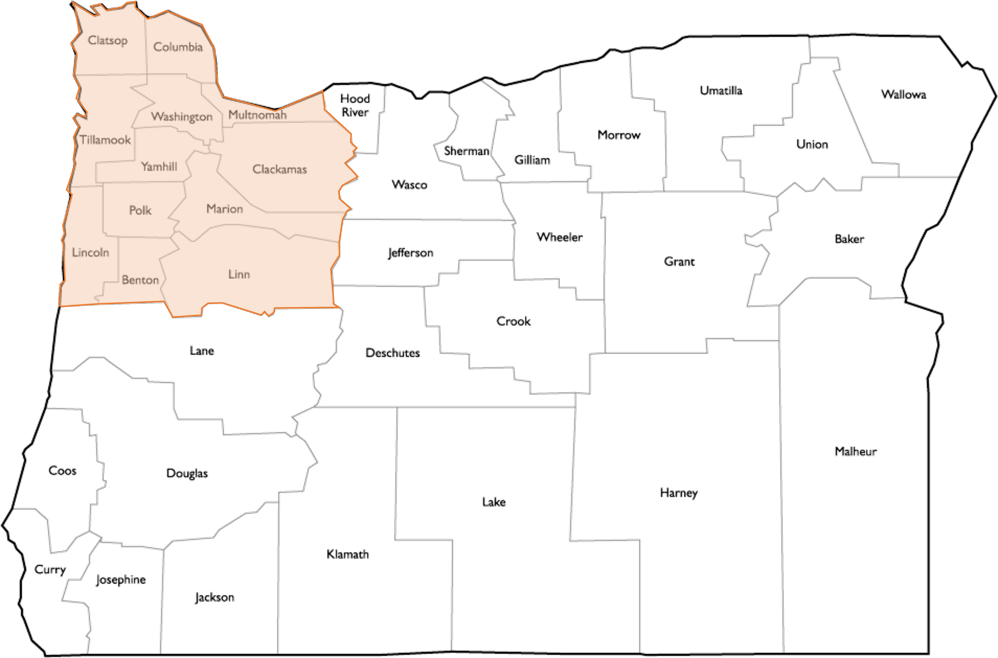 Map showing the Northwest region of Oregon