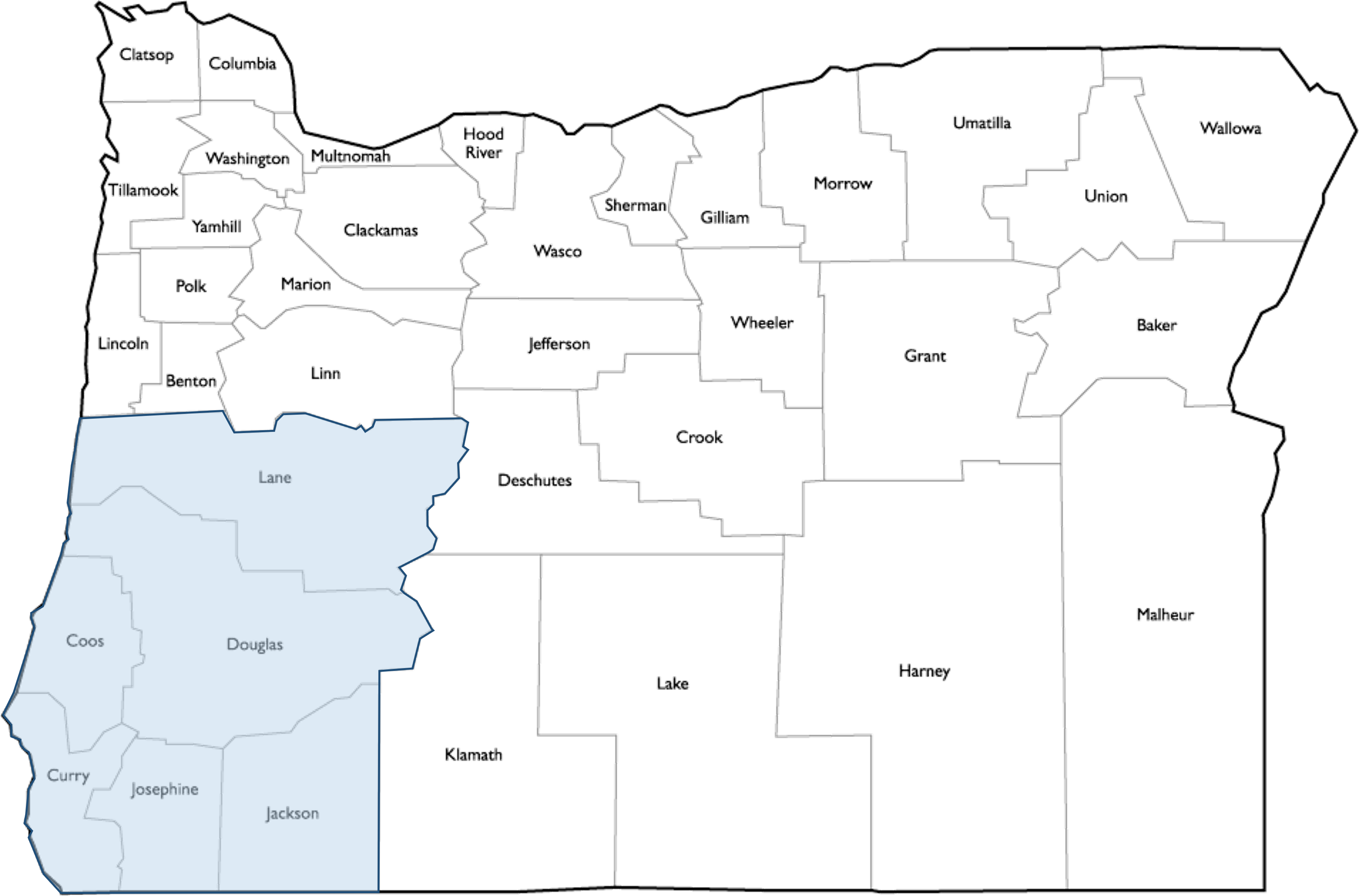 Map showing the Southwest region of Oregon