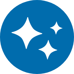 Dark blue circle with white sparkle icons within