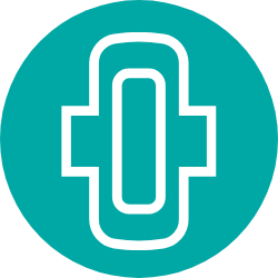 Teal circle with white menstrual pad icon within