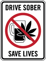 Drive sober, save lives. Picture of a glass of alcohol and a marijuana leaf with a do not sign across them.
