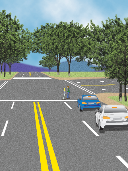 Two cars follow each other. Front car stops for a pedestrian crossing a horizontal crosswalk. The cars stay in line.