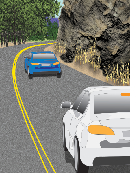 Two cars follow each other. There is a sharper curve ahead. They stay in line.