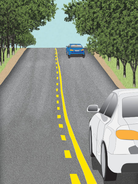 Two cars follow each other. There is more following distance uphill between them. They stay in line.