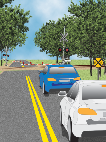 Two cars follow each other. Front car stops for a railroad sign. They stay in line.