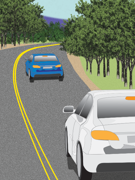 Two cars follow each other. There is a double yellow line curve, so they stay in line.