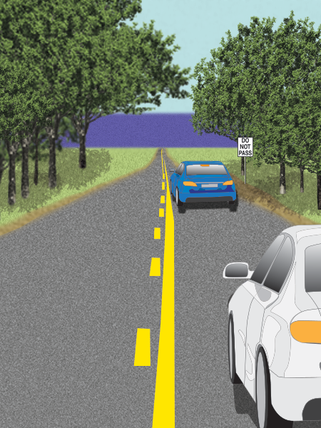 Two cars follow each other. There is a middle solid yellow line on your side of a dotted yellow line. The cars stay in line.