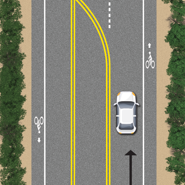 Painted median with double solid yellow lines between two way traffic