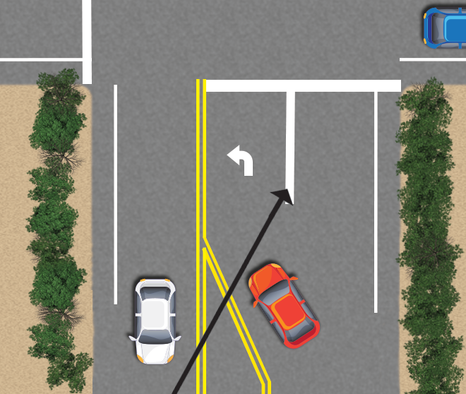 wide solid white line shown to seperate a turn lane from a travel lane