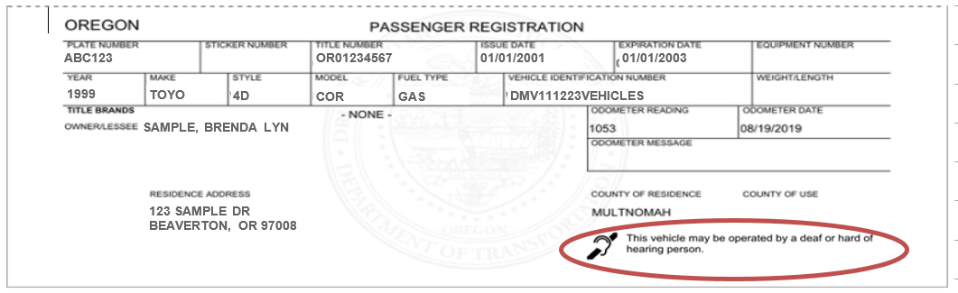 Example of vehicle registration with a Deaf or Hard of Hearing designation circled in red